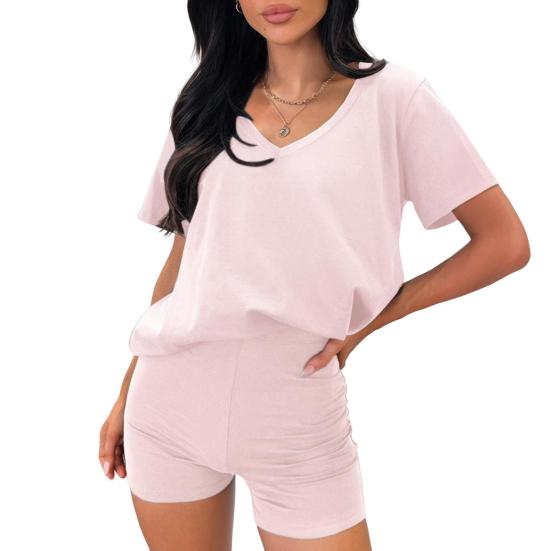 2 шт./комплект женский футболка шорты комплект костюм V-образный вырез короткий рукав однотонный свободный топ высокая талия мини шорты спортивный наряд повседневный спортивный костюм
