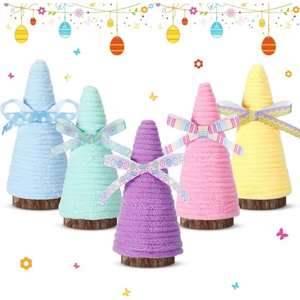 Пасхальные мини-деревья, обернутые пряжей - пастельные разноцветные - пасхальные украшения, 5 шт.