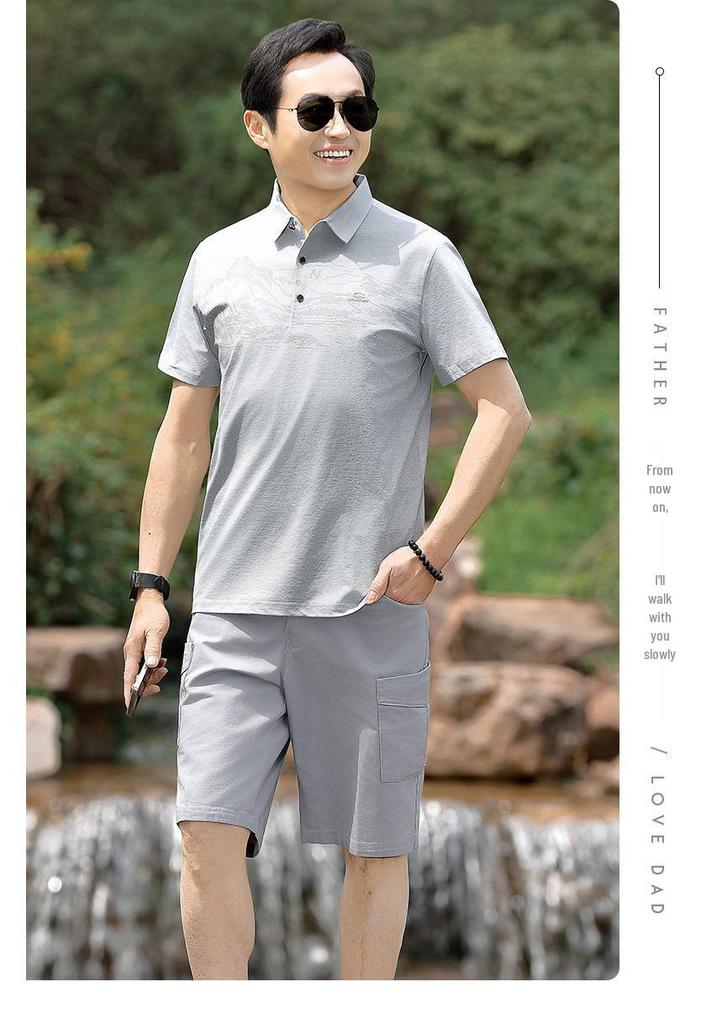 Father's Day Men's Business Polo Suit - Short Sleeve, Casual Two-Piece Set for Middle-Aged Dads