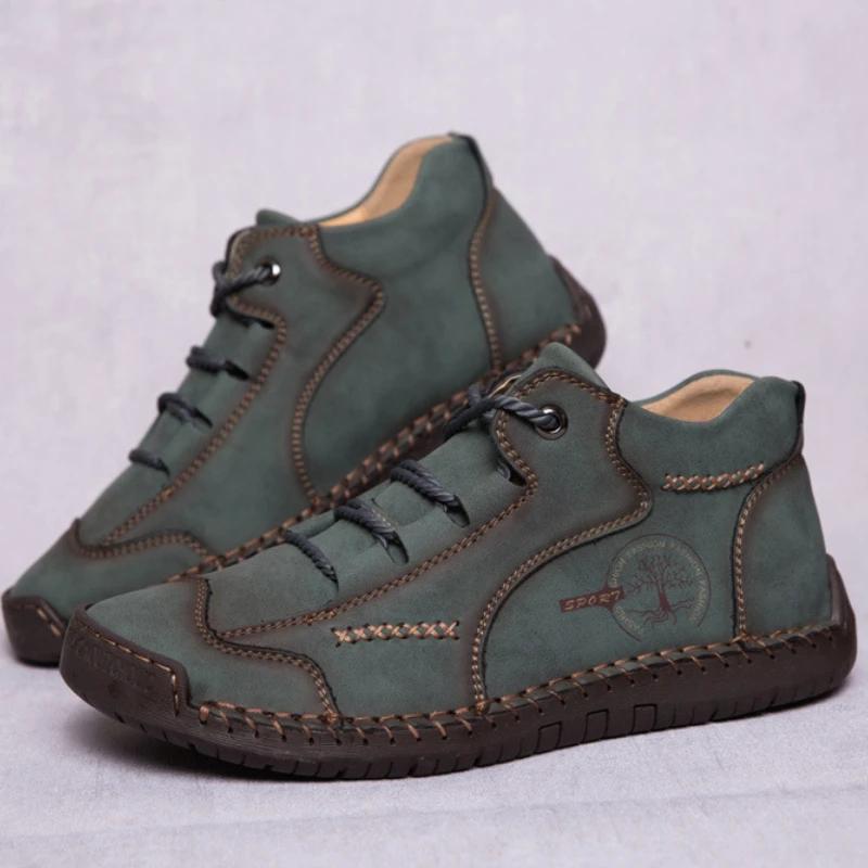 Ретро мужские ботинки, сшитые вручную кожаные повседневные туфли для мужчин, нескользящие ботинки для активного отдыха, модные качественные мужские мотоциклетные ботинки