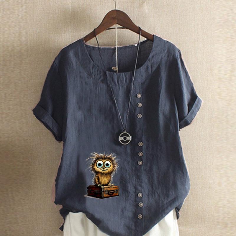 Women's Fashion Owl Prined Short Sleeve T-shirt Loose Cotton Shirt Casual Loose Summer Blouse Plus Size Tops