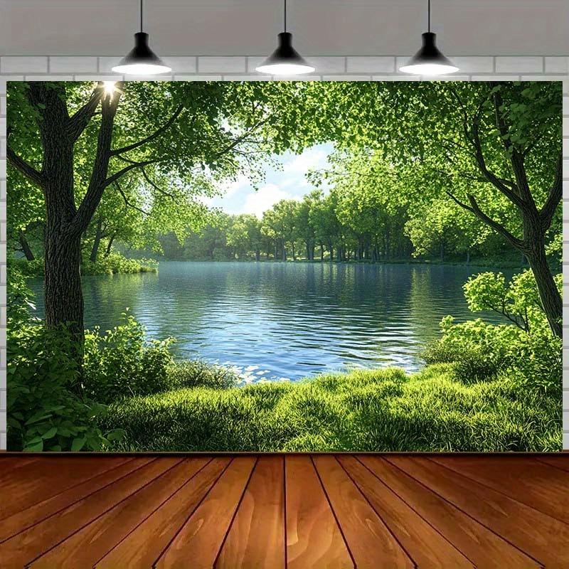 1pc Serene Nature Background for Photography - Calm River, Lush Green Forest and Sunlight Shining Trees Scenery Backdrop