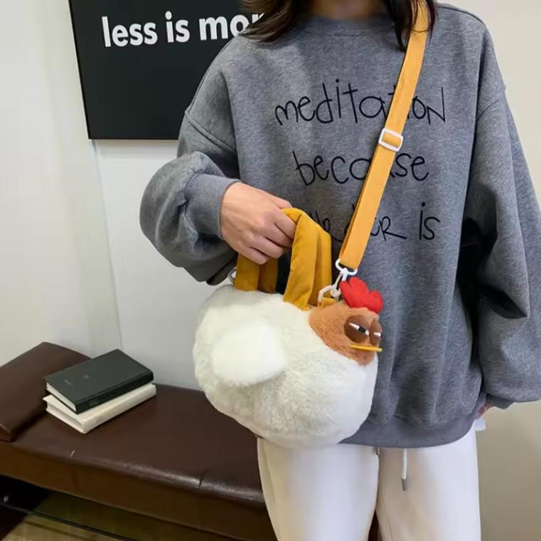 Women Hen Shaped Shoulder Bag Plush Fluffy Cartoon Crossbody Bag with Adjustable Strap for Travel Party Creative Handbag Purse