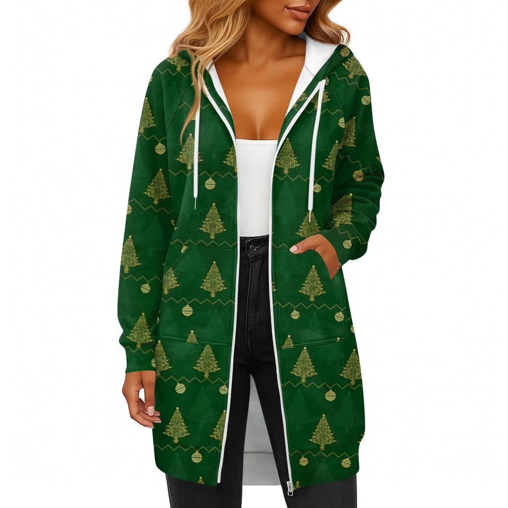Women's Fashionable Christmas Printed Long Sleeved Drawstring Hooded Zipper Pocket Long Casual Sweatshirt Jacket