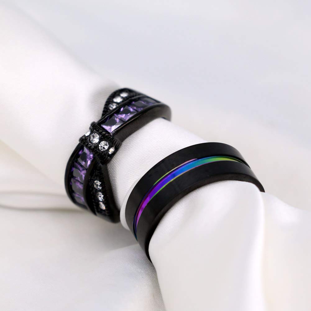 Парные кольца для него и для нее, черное золото, женское кольцо с фиолетовым цирконом, обручальное кольцо из титановой стали, мужское кольцо, обручальное кольцо, ювелирные изделия, подарки