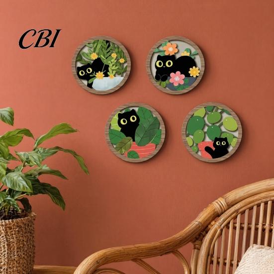 Warm Wood Grain Texture 4PCS Black Cat Wall Sign, with Art, Scratch-Resistant Sun-resistant Hanging Home Decor, Nordic Retro Style for Nursery Bedroom