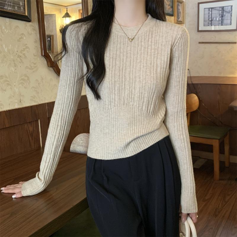 Женский осенний кашемировый вязаный свитер с круглым вырезом на талии, женский облегающий короткий пуловер, топ-базовая рубашка