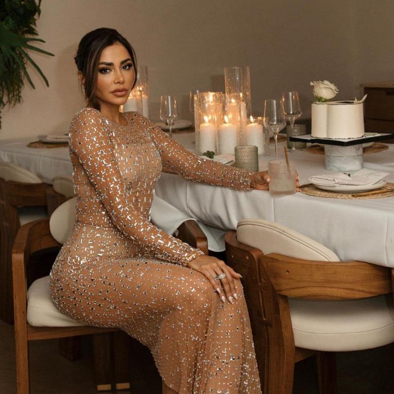 Прозрачное сетчатое платье с кристаллами для женщин, кружевное прозрачное облегающее платье макси с длинным рукавом, тонкое сексуальное пляжное платье для женщин