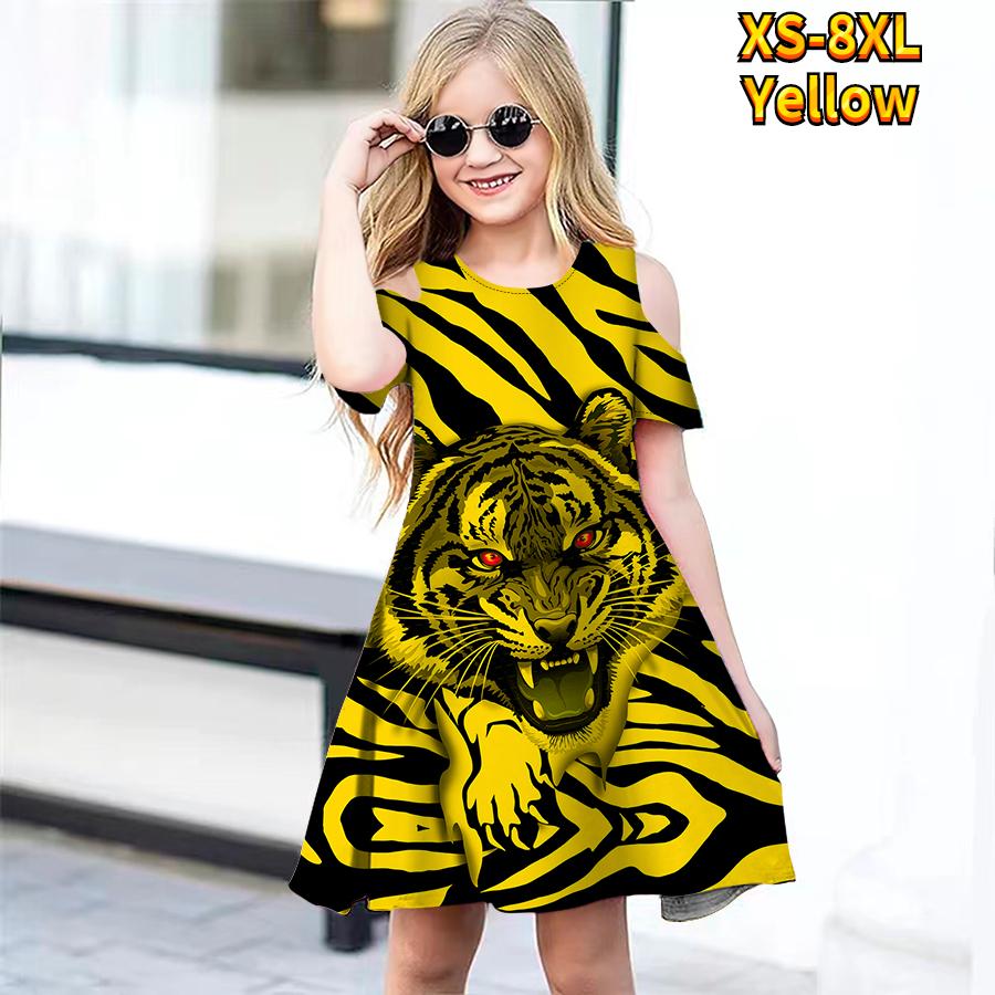 Платья с цветочным тигровым принтом для девочек, детское праздничное платье с открытыми плечами для девочек, платье принцессы, платье с короткими рукавами для девочек старше 4 лет
