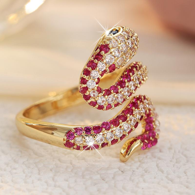 Dazzling Inlaid White Red CZ Snake Women's Ring Retro Gold Color Geometry Daily Wear Party Jewelry Anniversary Gift
