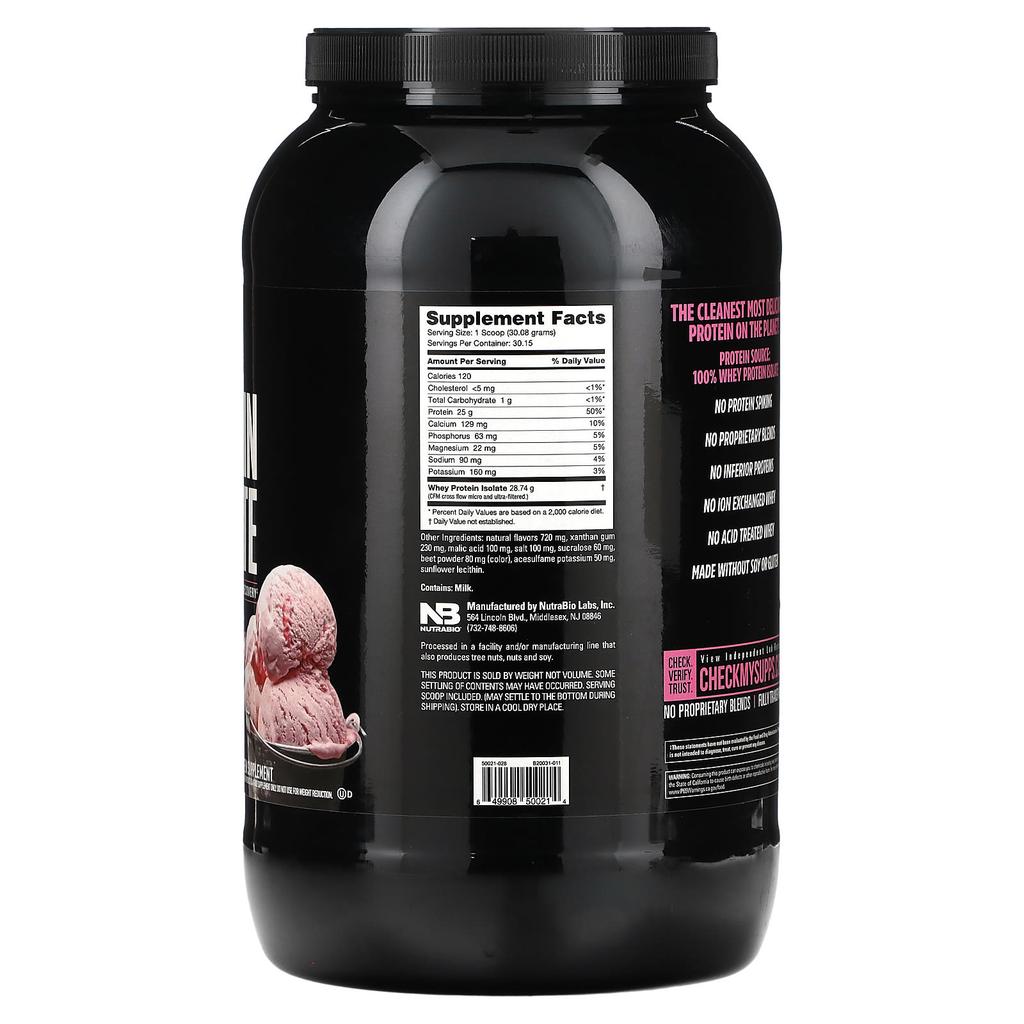 NutraBio, whey protein isolate, strawberry ice cream, 907 g (2 lb)