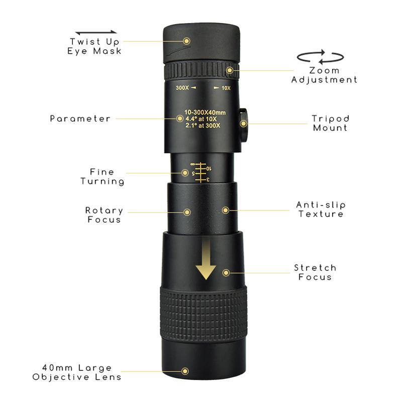 Заводской Hd Zoom 10-300x40 обновленный портативный монокуляр высокой мощности со штативом и держателем телефона для наблюдения за птицами