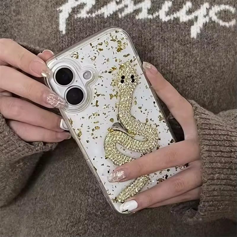 Капельный клей Прозрачный 3D-чехол с блестками из золотой фольги в виде змеи для iPhone 16, 15, 14 Plus, 13, 12, 11 Pro Max, блестящий чехол со стразами
