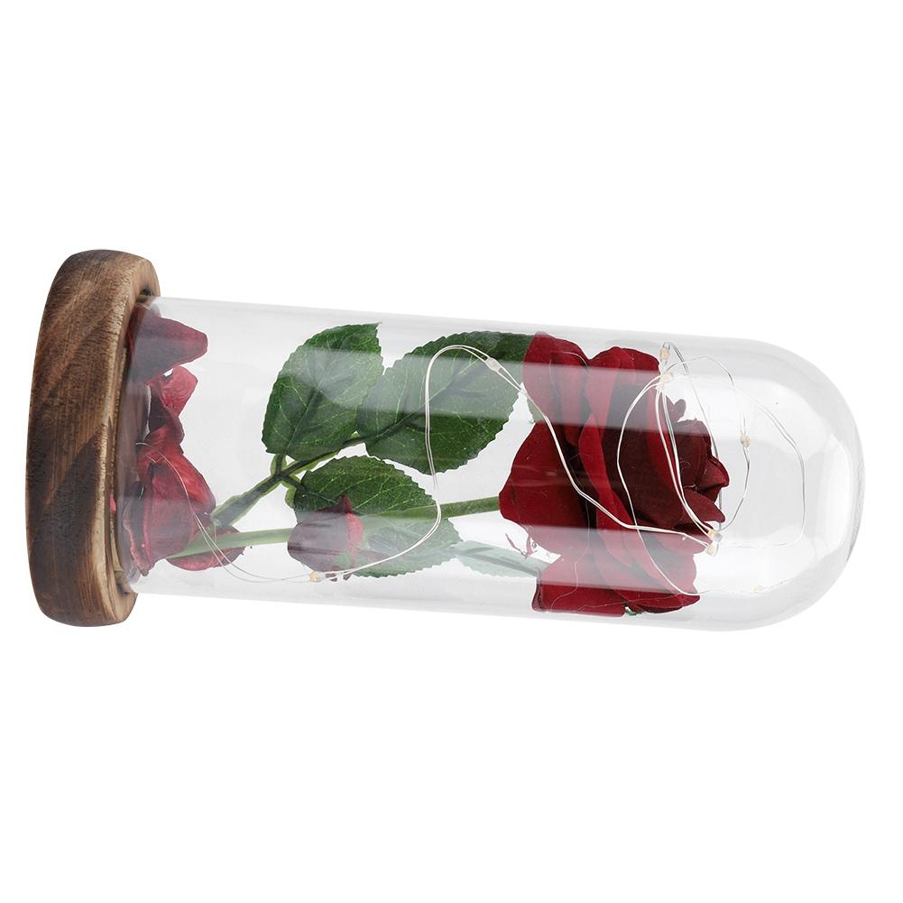 Светодиодная лампа с preserved цветком, стеклянным колпаком и деревянным основанием. Подарок на День Святого Валентина, Свадебный подарок. Красный