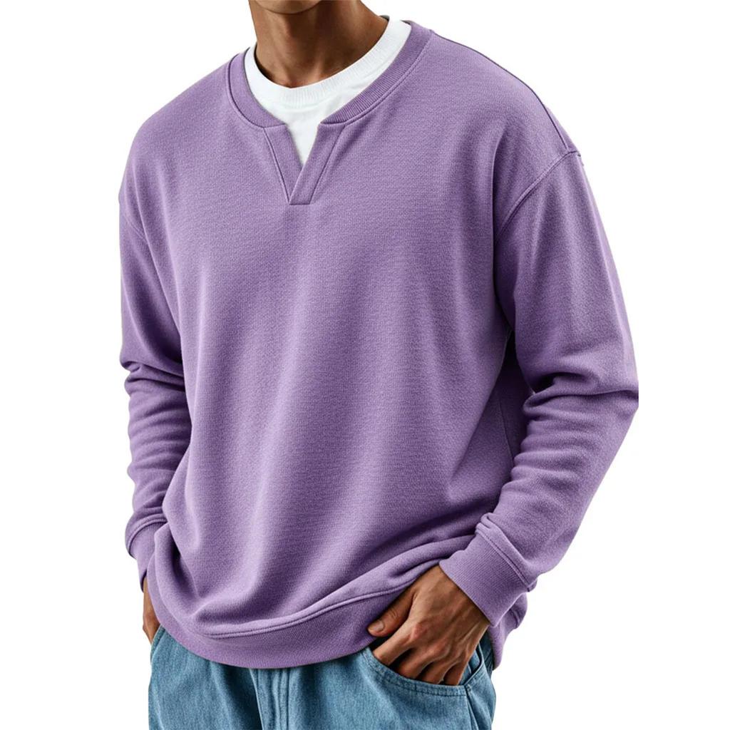 Мужская мода Однотонный Круглый вырез Длинный рукав Повседневная мода Универсальный Длинный рукав Свободная футболка Топ