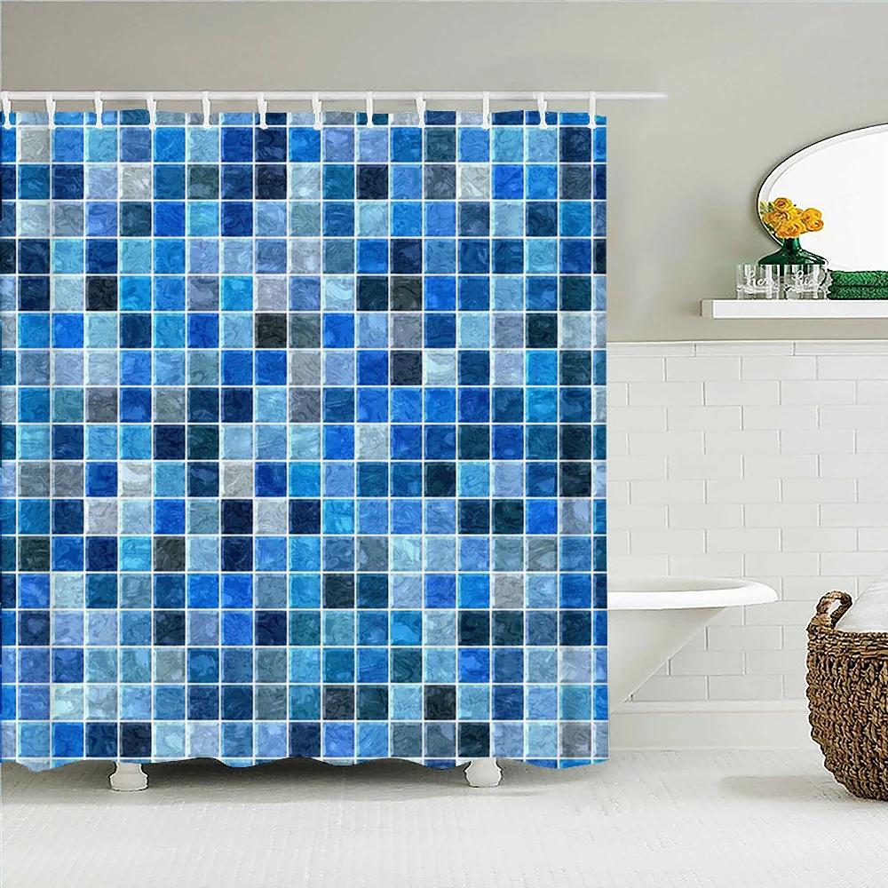 Modern Simple Mosaic Shower Curtain Waterproof Bath Curtains with 12 Hooks for Bathroom Home Decoration Polyester Fabric Screen