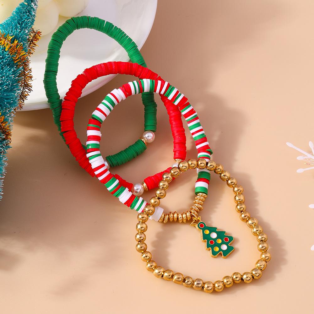 2024 European & American Christmas Beaded Polymer Clay Bracelet Set - Festive Christmas Tree Design