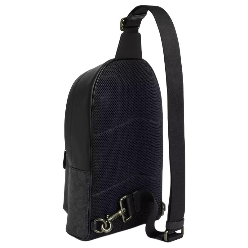 Coach West Pack 20 Металлический логотип Застежка-молния Покрытый холст Сумка через плечо на грудь Маленькая мужская Угольно-черная