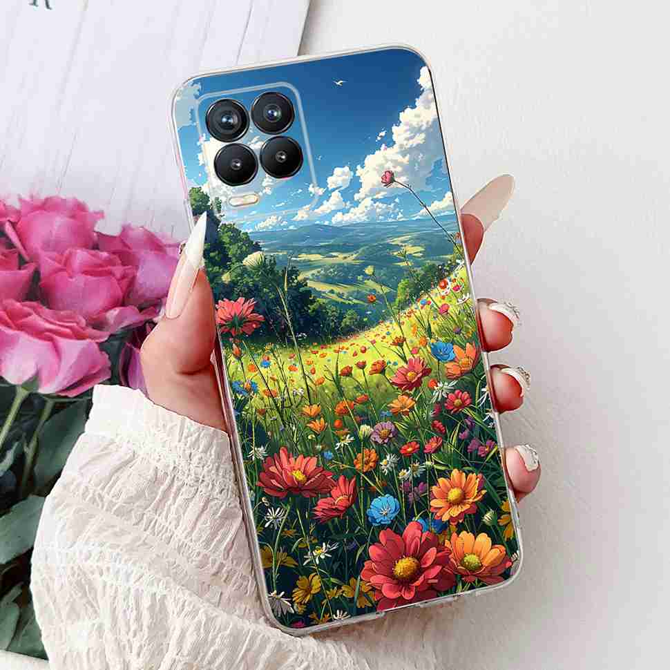 For Realme 8 4G RMX3085 Case Fashion Painted Flowers Soft Silicone TPU Cover For Oppo Realme8 realme 8 6.4" Phone Shell Bumper