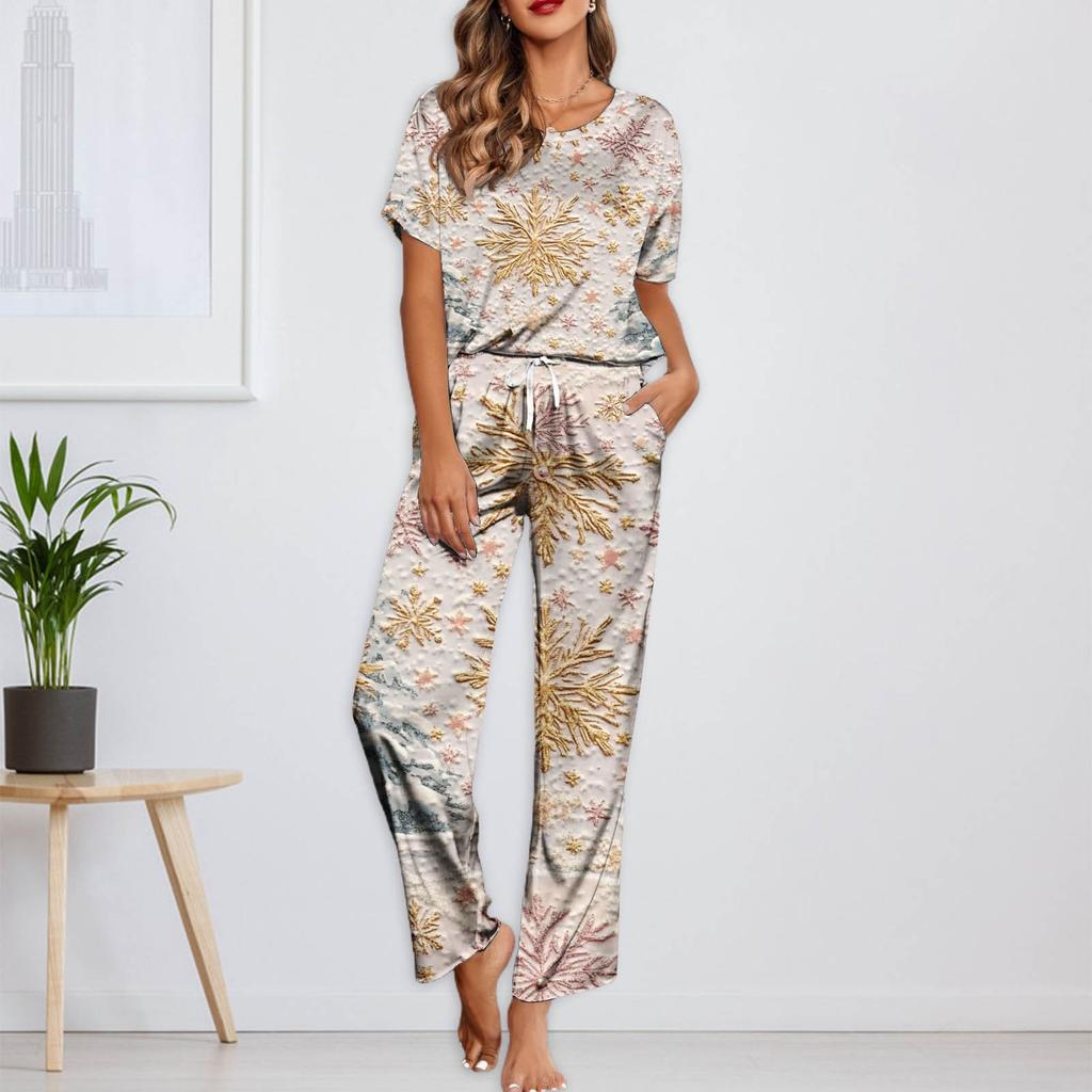 Женский шелковый атласный пижамный комплект с рождественским принтом, рубашка с коротким рукавом и длинные пижамные штаны, мягкая домашняя одежда