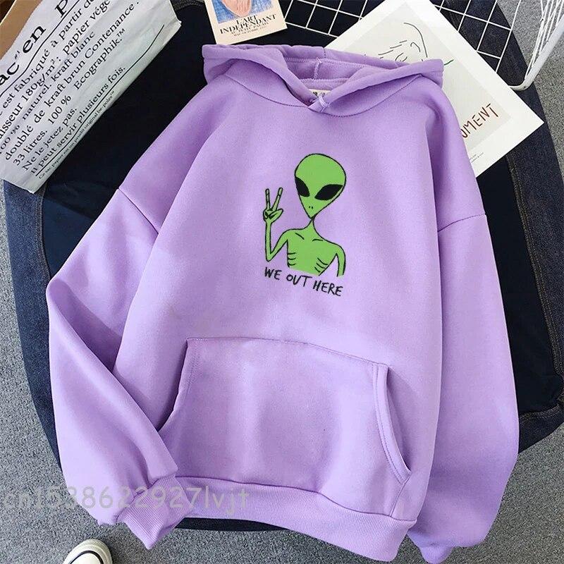 Alien WE OUT HERE Print Oversized Sweatshirt Women Kawaii Hoodies Clothes Hoody Jacket Long Sleeve Harajuku Aesthetic Tops Unisex Hoodie