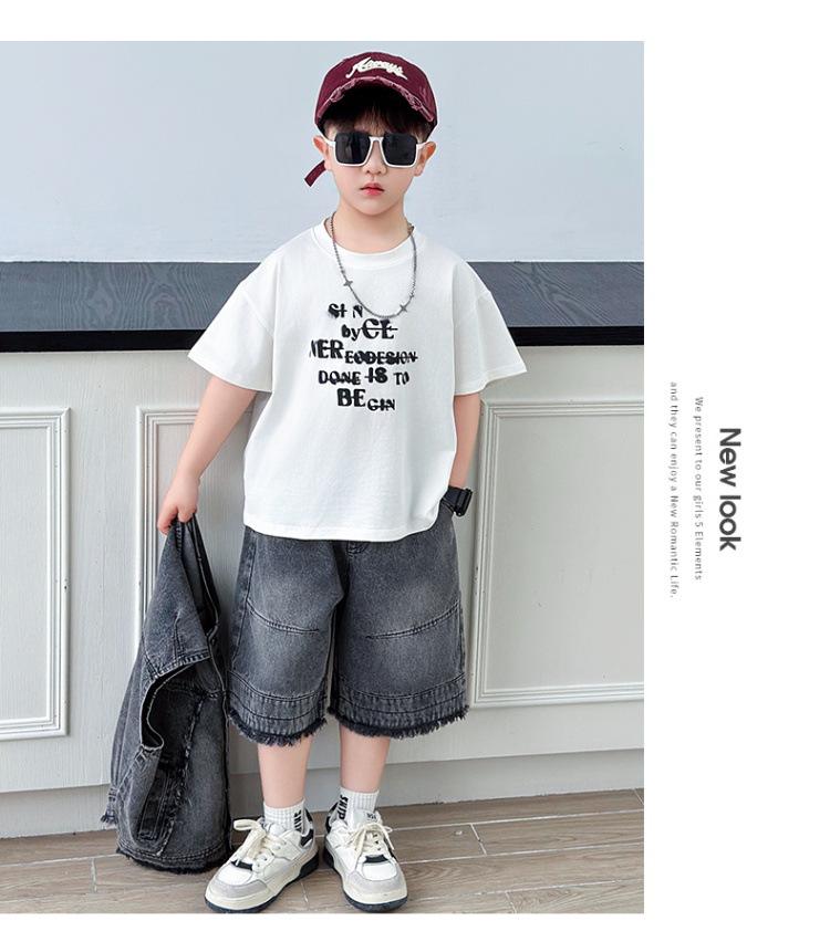 Boys' Summer Denim Vest & Printed Tee Shorts Set - Cool American Style 2026