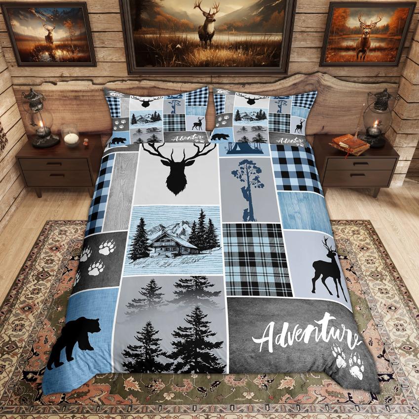 Comforter Homewish Rustic Deer Bear Woodland Animal Checkered Set Farmhouse Lodge Cabin Bedding Set