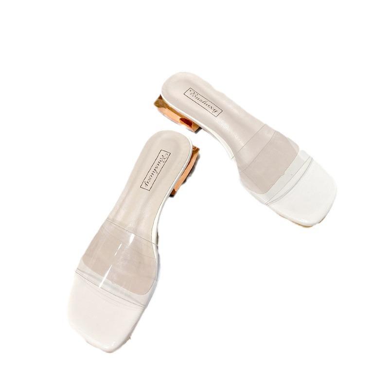 Прозрачные крутые шлепанцы на высоком каблуке из одного слова женские летние для улицы модные новые хрустальные сандалии на толстом каблуке универсальные и полушлепанцы