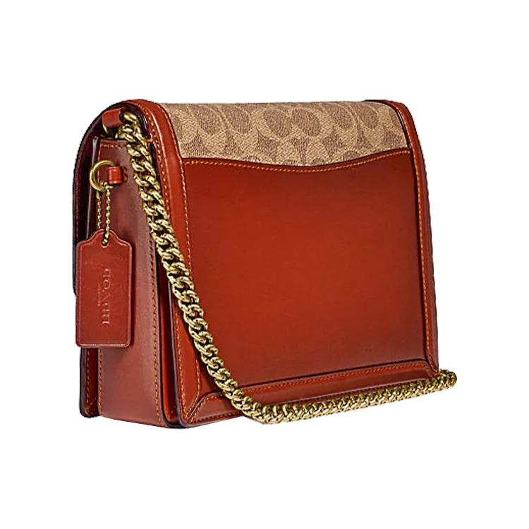 COACH Hutton Coated Canvas Cow Leather Small Square Bag , Chain Bag , Handbag , Crossbody Bag , Shoulder Bag Women's (Unisex) Shoulder Bags
