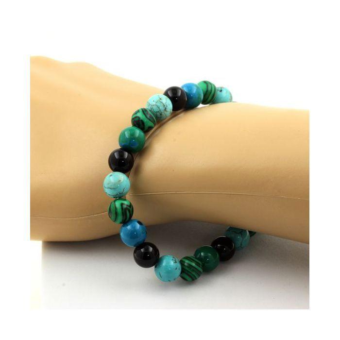 Pierres et Minéraux. Bracelet Perles Chrysocolle + Malachite + Turquoise + Agate noire 8 Fabriqué en France.