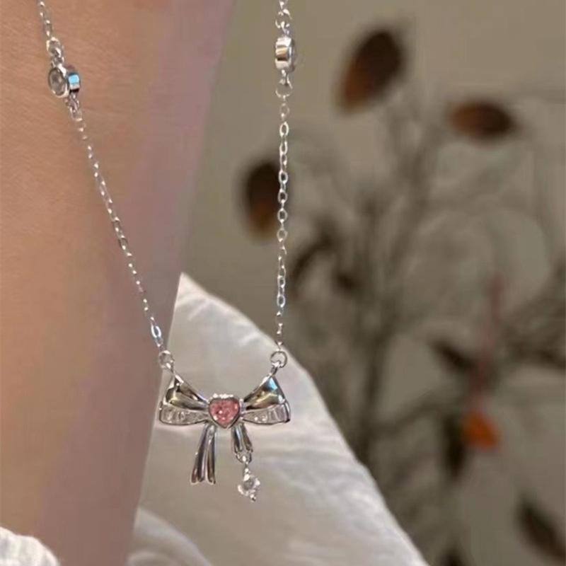 Серебряный цвет бант розовое сердце циркон ключичная цепочка с подвеской милые ожерелья для женщин винтажные ювелирные изделия подарок на вечеринку
