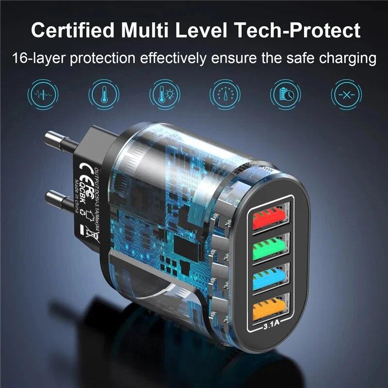 3.1A 4-портовое USB-зарядное устройство, быстрое зарядное устройство для мобильного телефона, зарядное устройство для Samsung iPhone Xiaomi Oppo Qucik, адаптер питания