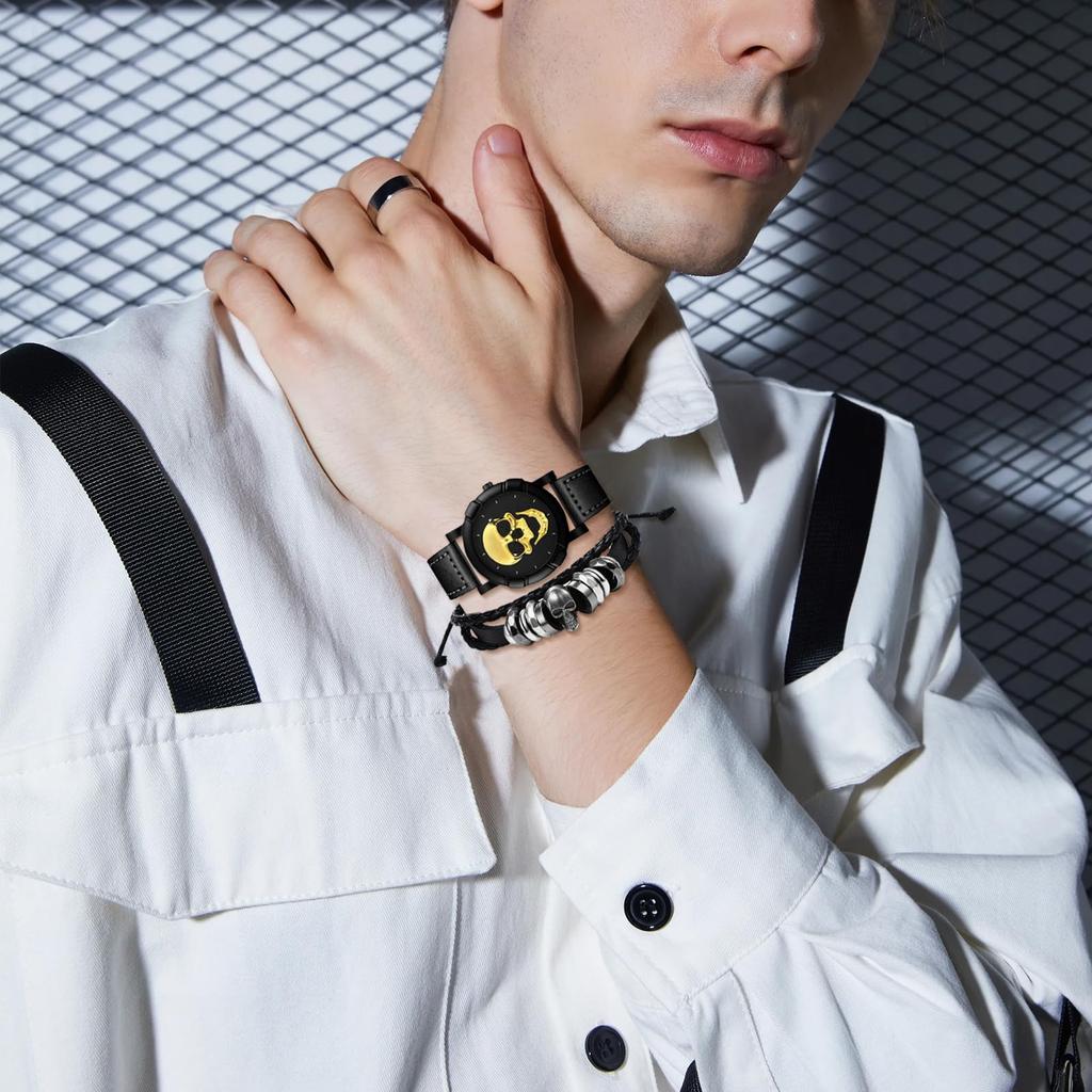 Skull Watch Bracelet for Rock Accessory Halloween Gift Men, 2-Piece Set, Punk, Skull, Leather, Strap, Analog, Waterproof, Black, Gothic, -