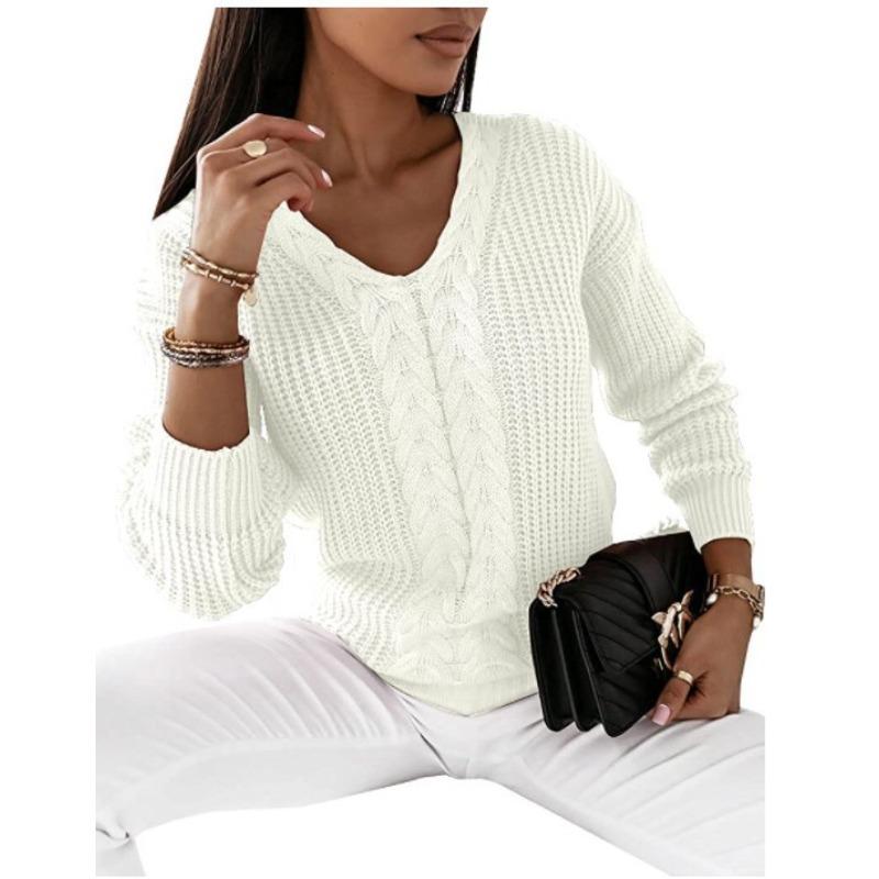 Women's Fashion Casual Solid Color Print Autumn Winter Long Sleeve V-Neck Sweaters