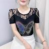 Summer New Sexy Off Shoulder Lace T-Shirt Women's Shiny Butterfly Hot Diamonds Designer Tops Elegant Slim Female Tees