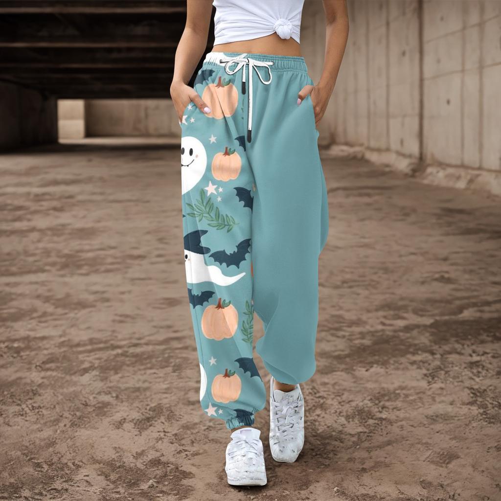 Женские повседневные брюки с принтом на Хэллоуин, эластичные брюки с завязками на талии