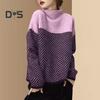 Women Sweater Half High Collar Long Sleeve Color-Blocked Loose Fit Knitting Top Autumn Winter Thick Warm Pullover Tops