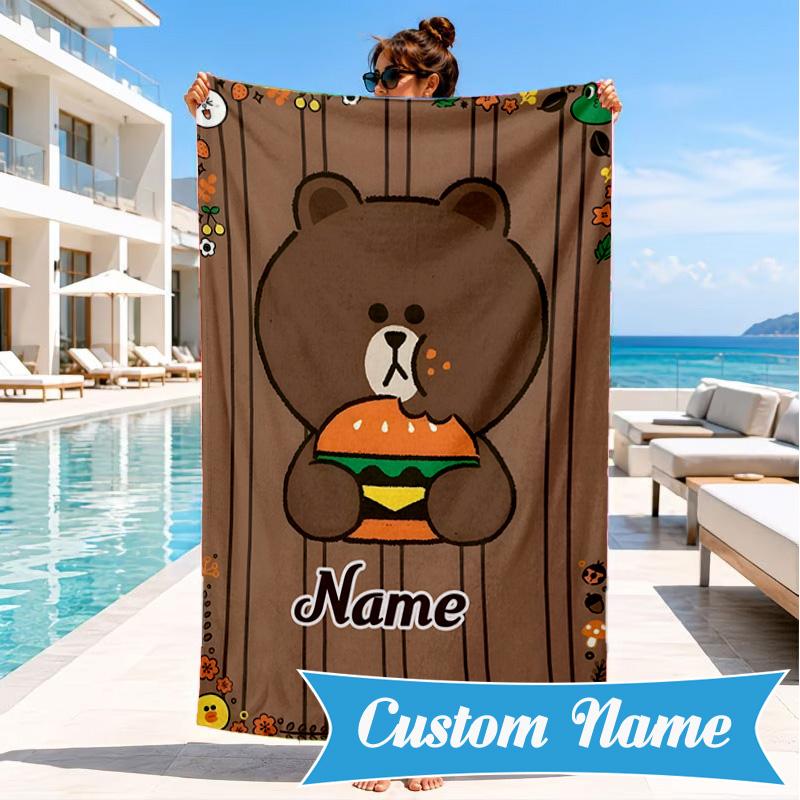 Custom Name Happy Valentine's Day Brown Bear Beach Towel Microfiber Beach Towel, Lightweight and Quick-Dry, for Summer Travel, Swimming Pool Gift