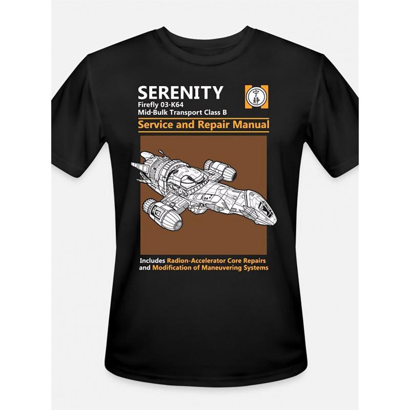Serenity-5544 Firefly Spaceship Technical Blueprint Graphic T-Shirt - Vintage Brown Spaceship Design on Black, Radiation-Core Repairs & Modification
