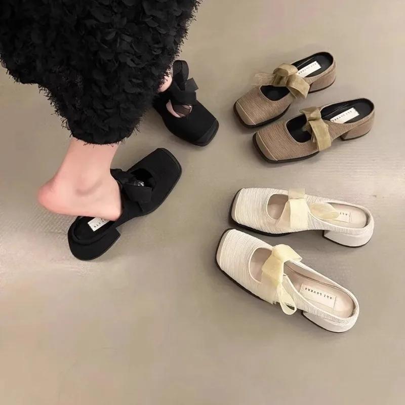 Мода 2024 года, новые ретро-тапочки Bao Head на толстом каблуке, женская одежда, весна-лето, квадратная головка, фея, слипоны, одинарные туфли