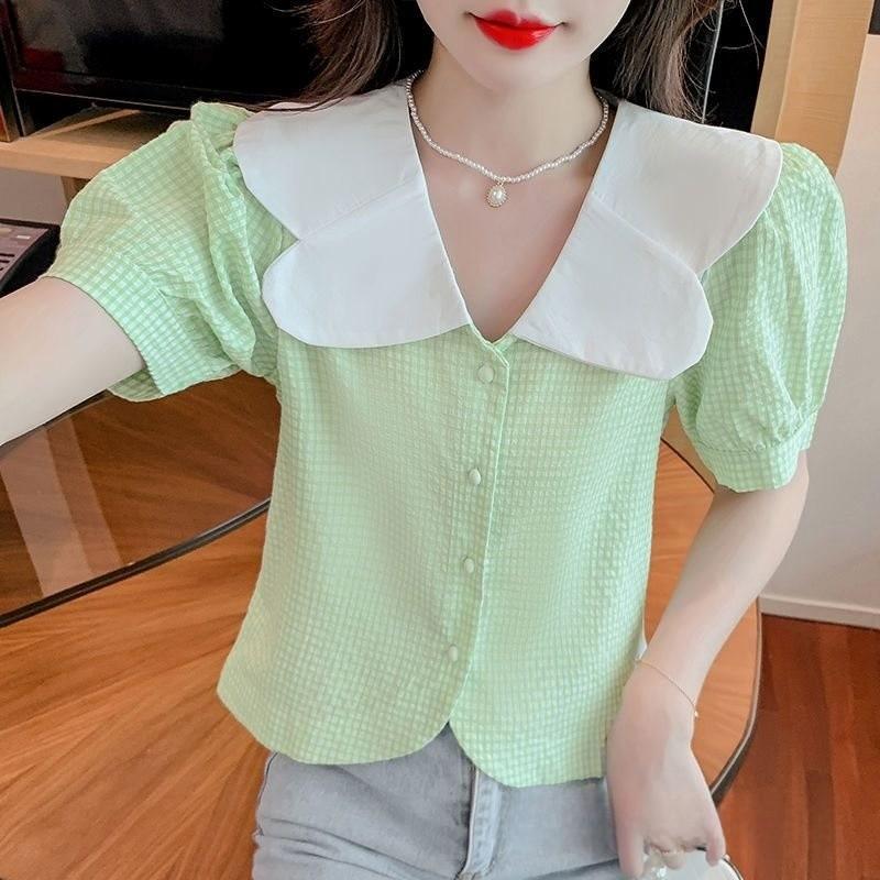 Summer Womens Blouse With Bubble Sleeves And French Collared Design For Casual Wear