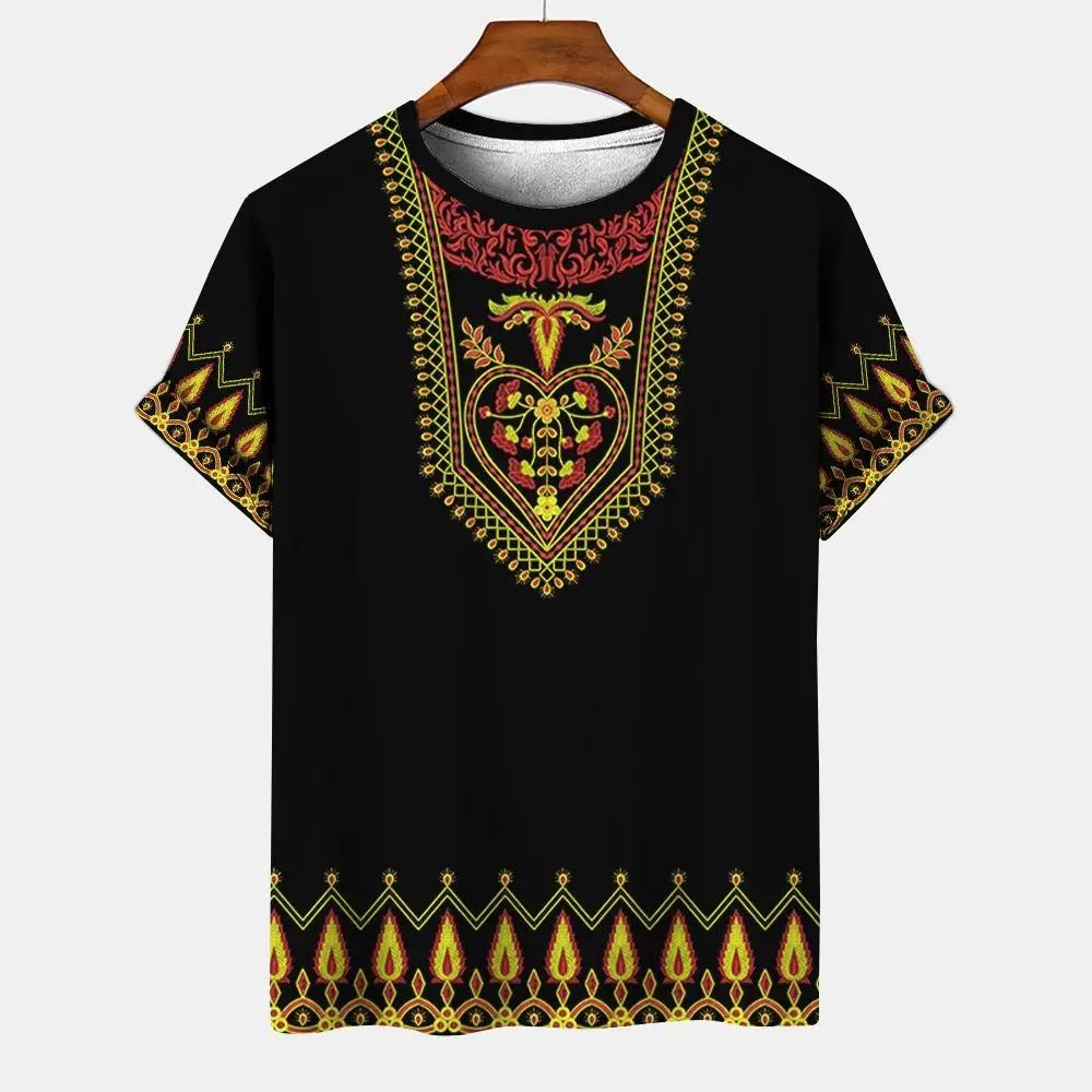 Летний винтажный этнический стиль, принт, уличная мода, круглый вырез, короткий рукав, досуг, отпуск, мужские футболки