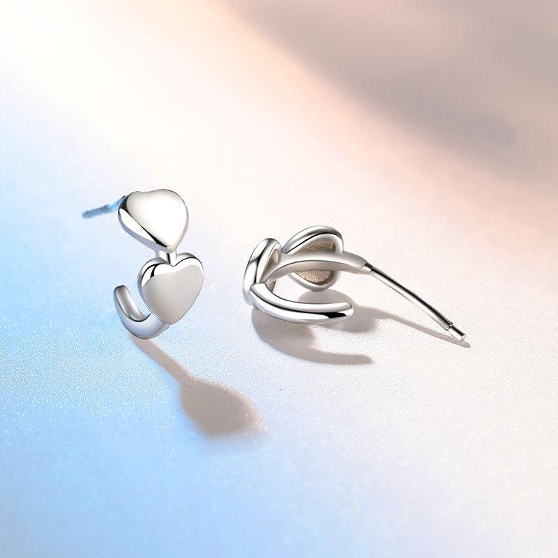 Серьги-гвоздики в форме сердца из чистого серебра S999, женские, холодный ветер, Doppel Herz Arc, особые серьги, милые, девичьи, стильные серьги