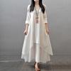 Spring Summer Irregular Button Women Cotton Linen Pocket Dress Korean O-Neck Short Sleeve Loose Solid Midi Dresses