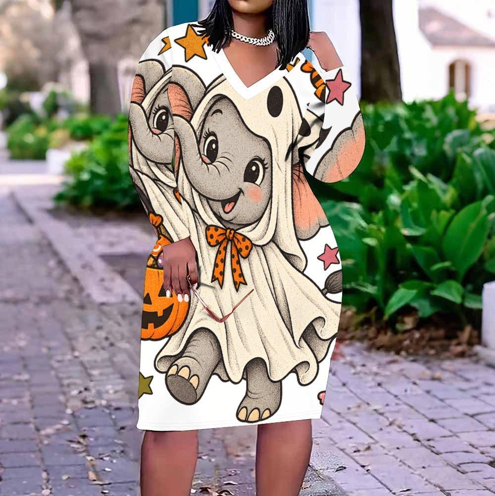 Women Plus Size V Neck Long Sleeve Fitted Halloween Sloth Pumpkin Printed Straight Hem Dress