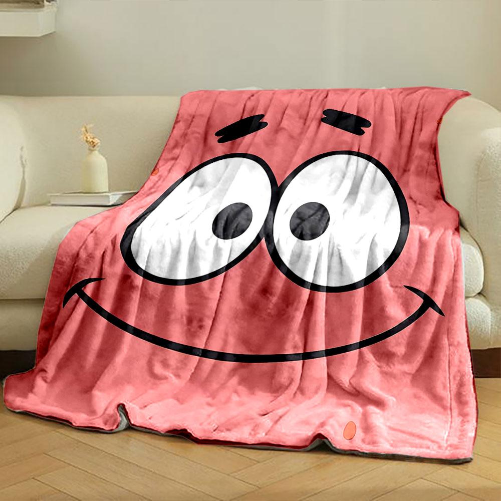 Simple cartoon face with big eyes, arched eyebrows, and a wide smile. for all seasons blanket lunch break throw gift