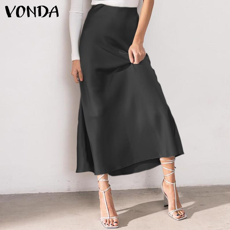 VONDA Женские элегантные однотонные облегающие длинные юбки из атласа с высокой талией и оборками по подолу