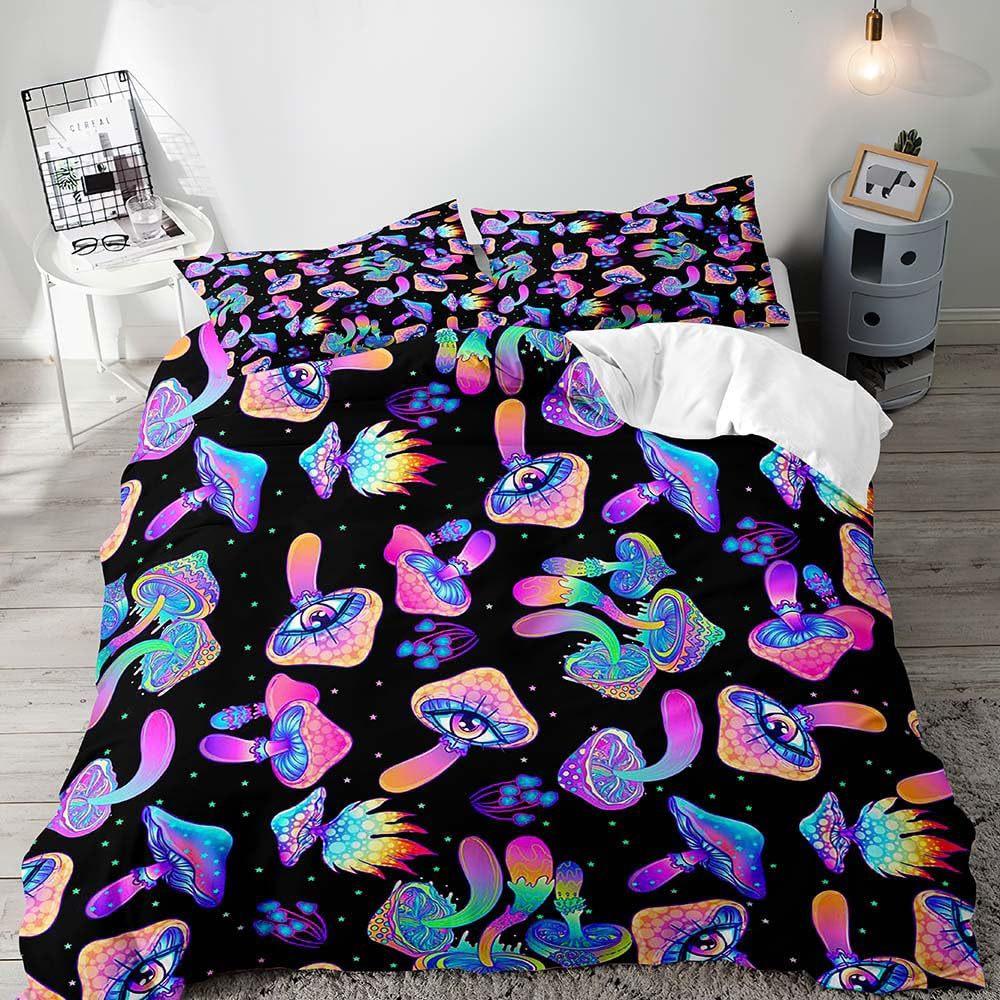 Red Mushroom Three-piece Quilt Cover 3D Digital Printing Bedding Set Green Plant Plant Fungus Bed Cover