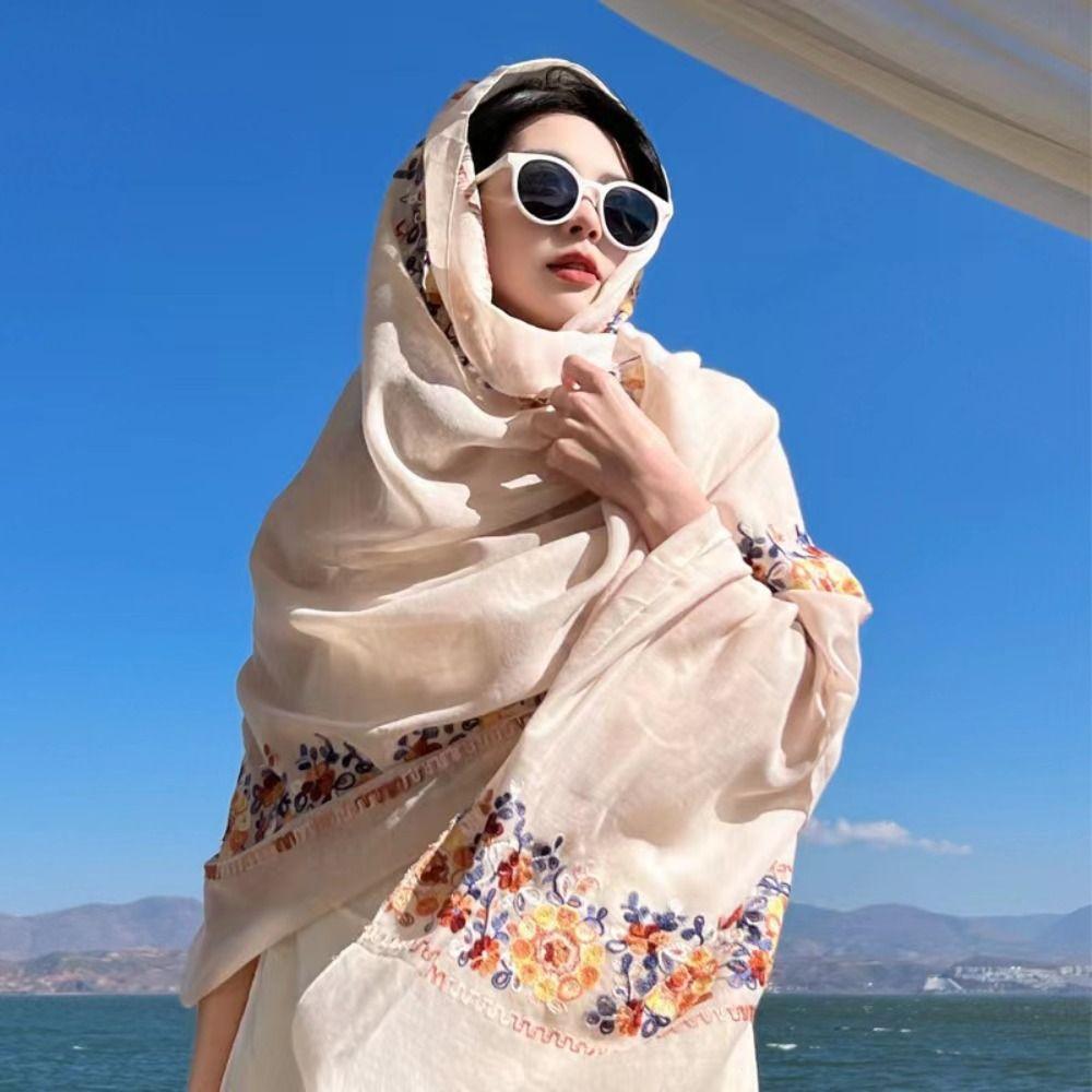 Flower Embroidery Summer Hijab Sun Protection Shawls and Wraps Ethnic Style Women Beach Scarf