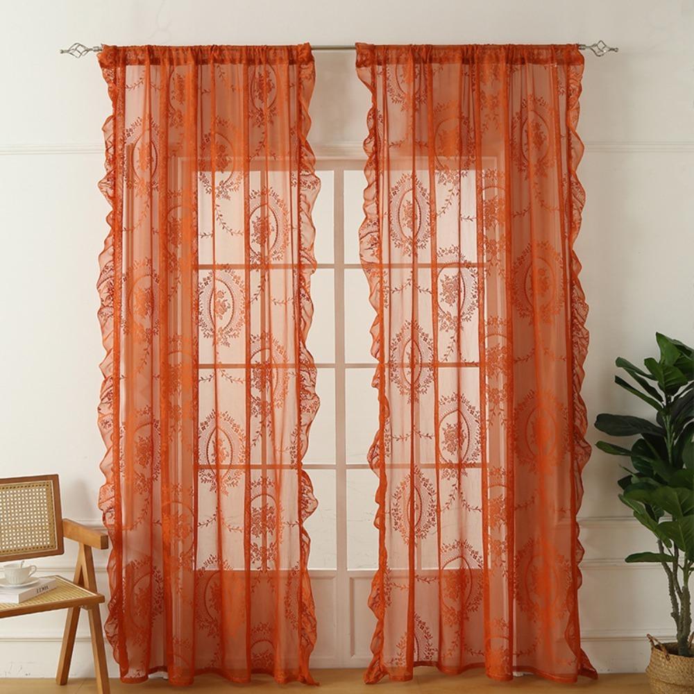 2 Pcs Retro Gauze Curtain Ruffled Edge Voile Curtain Home Decor French Lace Floral Curtain  Bedroom